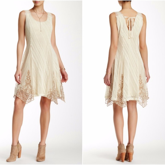 Ryu Dresses & Skirts - Ryu Open Knit Tulle Cream Embroidered Dress Boho L